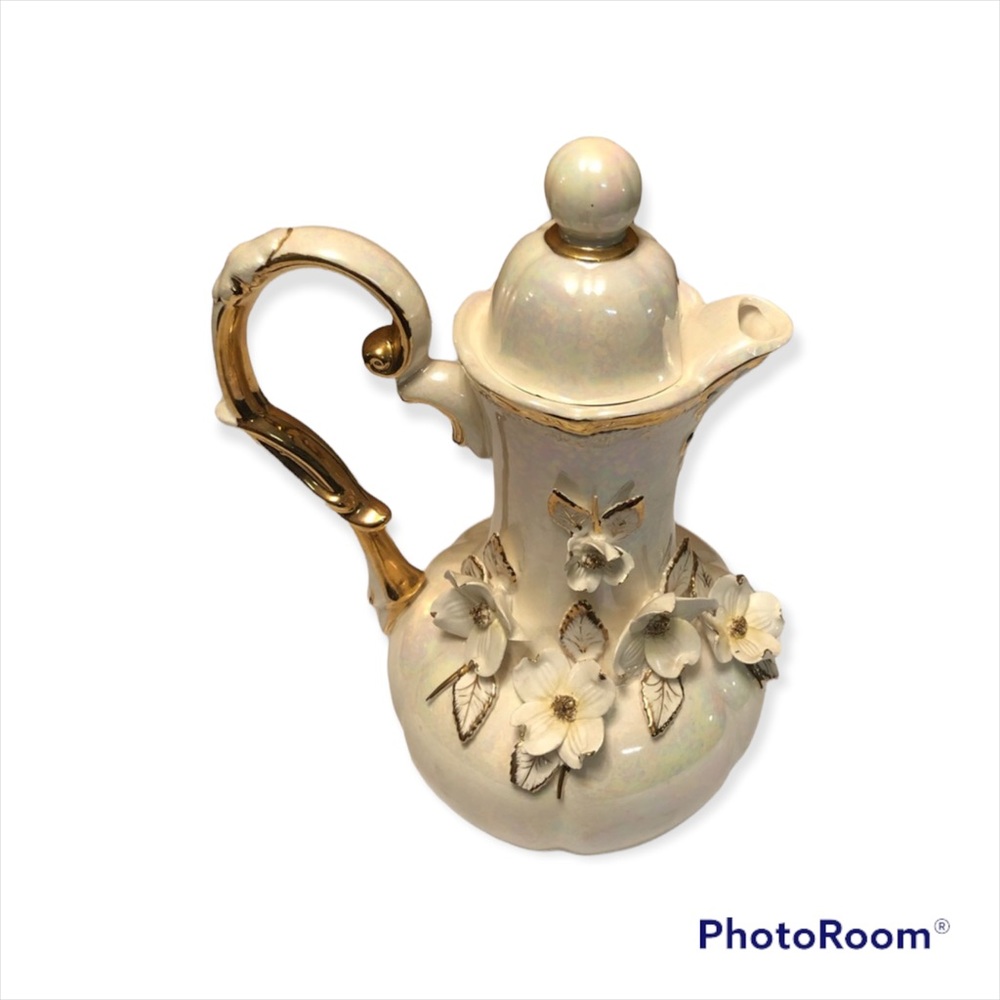 Norcrest Japan GD-17 Exquisite Iridescent vase white gold trim with flowers - Picture 1 of 16